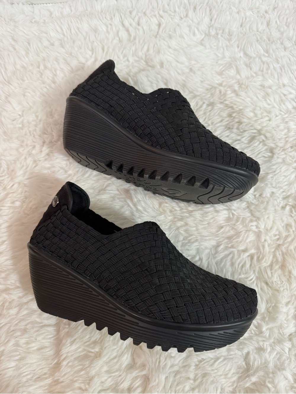Bernie Mev. Black Woven Slip-On Platform Wedge Sneakers Size 6.5